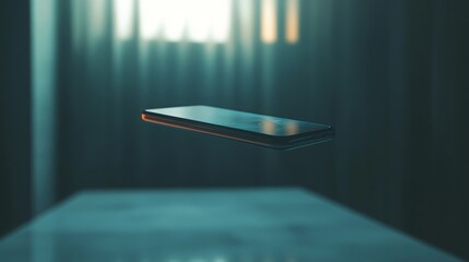 Sleek, futuristic smartphone with a holographic display, floating in midair