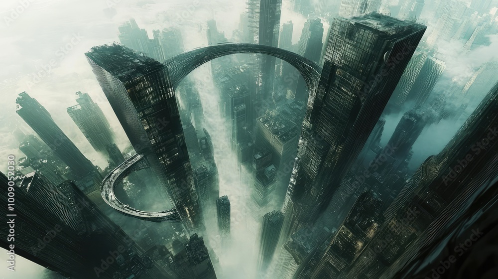 Poster bending skyscrapers float above the city, connected by looping, gravity-defying bridges that create 
