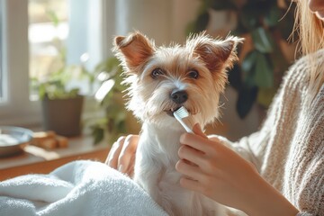 Dog's teeth being brushed with pet toothbrush, promoting regular dental care and hygiene services for pets.