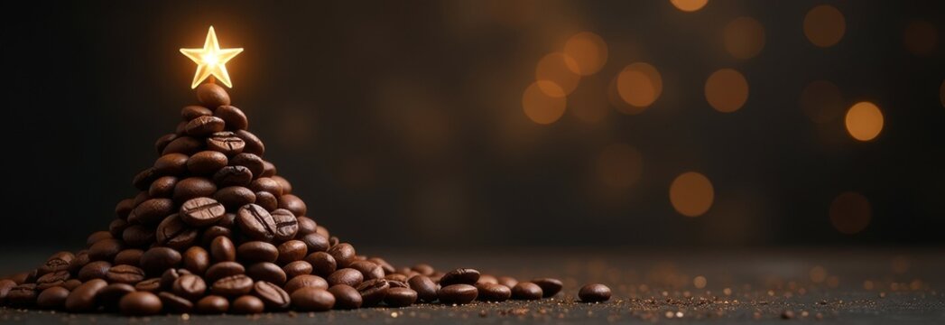creative Christmas tree made of coffee beans with golden star on top, dark festive background with bokeh lights, banner with copy space. coffee shop holiday promotion, gourmet coffee brands concept.