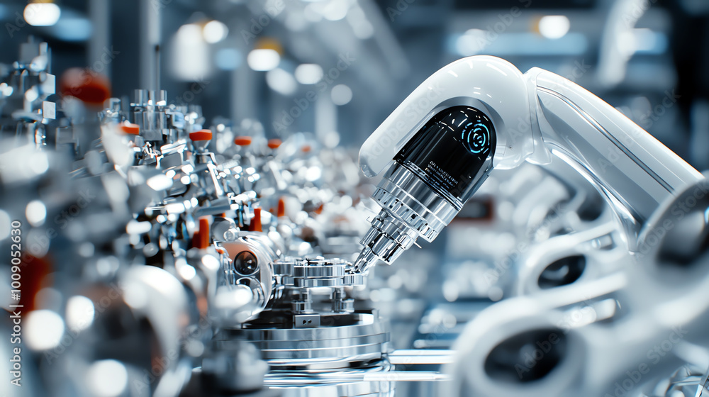 Poster advanced robotic arm working efficiently in a modern automated factory.