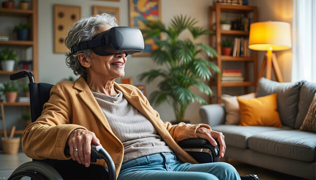 Old woman in wheelchair smiling and playing games on virtual reality headset googles, augmented reality glasses, disability concept
