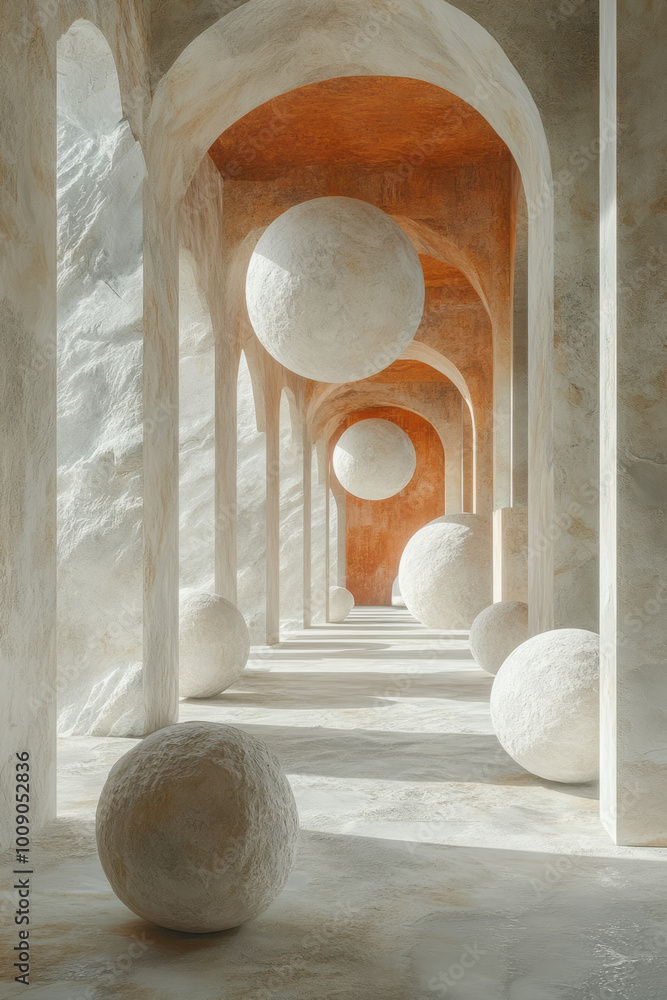 Aufkleber A grid of floating geometric spheres with soft shadows, floating on a soft pastel canvas,