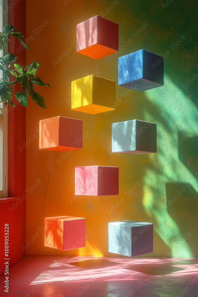 Poster a set of abstract geometric cubes with shadows, floating softly on a pastel canvas,