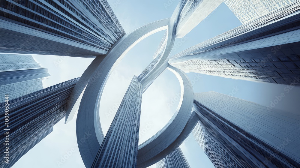 Poster bending skyscrapers hover in mid-air, with looping bridges weaving between them in impossible, gravi