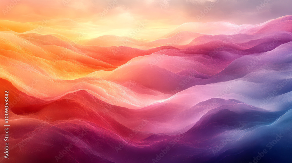 Poster an abstract landscape of vibrant color waves, forming smooth transitions and glowing patterns, float
