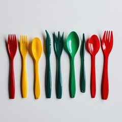 A colorful arrangement of plastic cutlery including forks, spoons, and sporks.