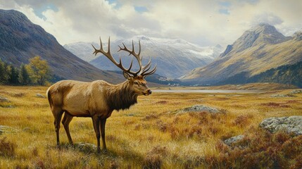 Fototapeta premium A red deer with large antlers grazing in a wide open grassy field, with distant mountains framing the serene landscape.