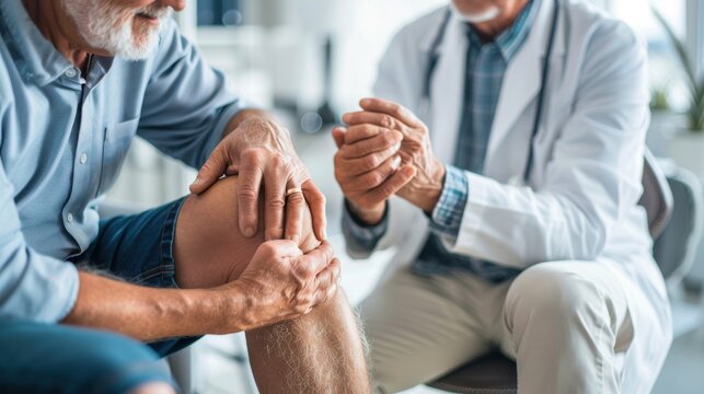 Senior male at a doctor's office, holding his painful knee while describing his symptoms to the doctor, with medical equipment visible.