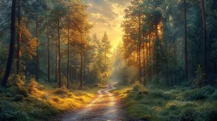 Obraz premium lonely road winding through a dense forest bathed in soft morning light inviting exploration amidst towering trees and a serene atmosphere