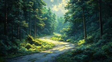 Obraz premium lonely road winding through a dense forest bathed in soft morning light inviting exploration amidst towering trees and a serene atmosphere
