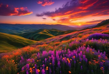 Obraz premium breathtaking vibrant sunset casting golden hues over lush rolling hills serene valleys under colorful sky, colors, shades, twilight, atmosphere, reflection