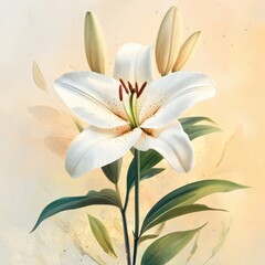 A beautiful white lily adorned with budding flowers, set against a soft pastel background, perfect for nature and floral themes.
