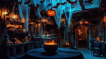 Naklejka premium A room filled with Halloween decorations, including hanging bats, cobwebs, and a glowing cauldron centerpiece on a black-draped table.
