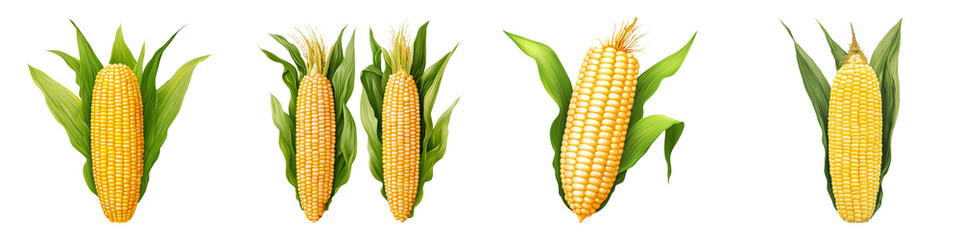 Obraz premium The image features five ears of corn arranged in a row against a black background, highlighting their vibrant yellow kernels and green husks.