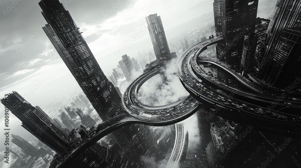 Poster floating skyscrapers bend and warp, their forms connected by looping bridges that twist and turn in 