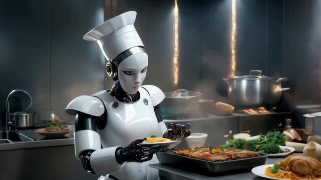 Futuristic robot chef preparing a meal in a modern kitchen. The robot is wearing a chef's hat and has a realistic appearance.. AI Generation