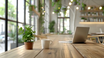 Fototapeta premium A laptop and a cup of coffee sit on a wooden table in a cafe
