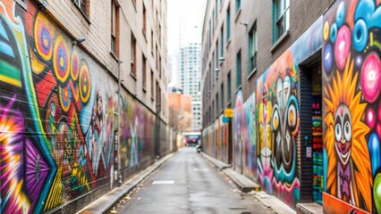 Naklejka premium Urban Graffiti Alley with Colorful Murals, Street Art, and Spray Cans