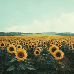 Obraz premium A vibrant field of sunflowers under a clear blue sky, showcasing nature's beauty and the joy of sunny days.
