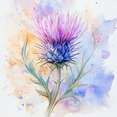 A vibrant watercolor painting of a thistle flower, showcasing rich purple hues and delicate details in a colorful abstract background.