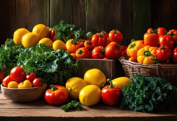 vibrant assortment fresh produce displayed wooden table colorful fruits vegetables creating inviting culinary scene, apples, berries, broccoli, carrots