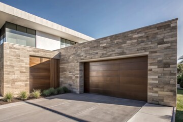 Modern stone house exterior with a garage entrance.