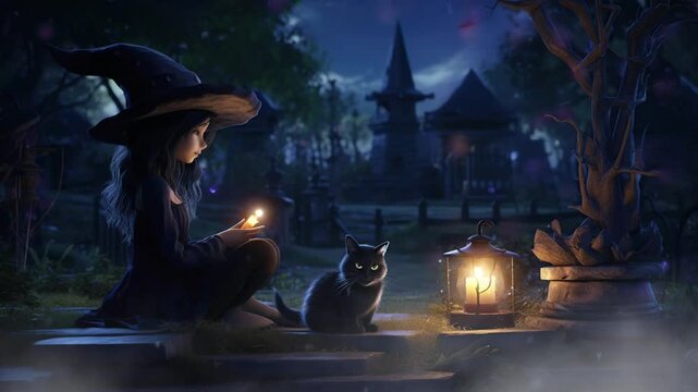 A cute witch brews a glowing potion in a cauldron beside her black cat, creating a magical and mystical scene.
