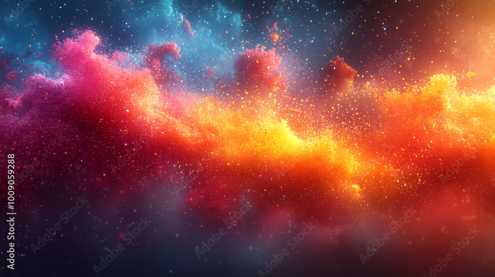 Poster a colorful array of pixels bursting outward, isolated on a soft gradient surface,