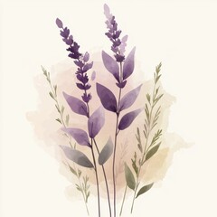 Delicate watercolor illustration of lavender flowers with soft purple hues and gentle green leaves, perfect for nature-themed designs.