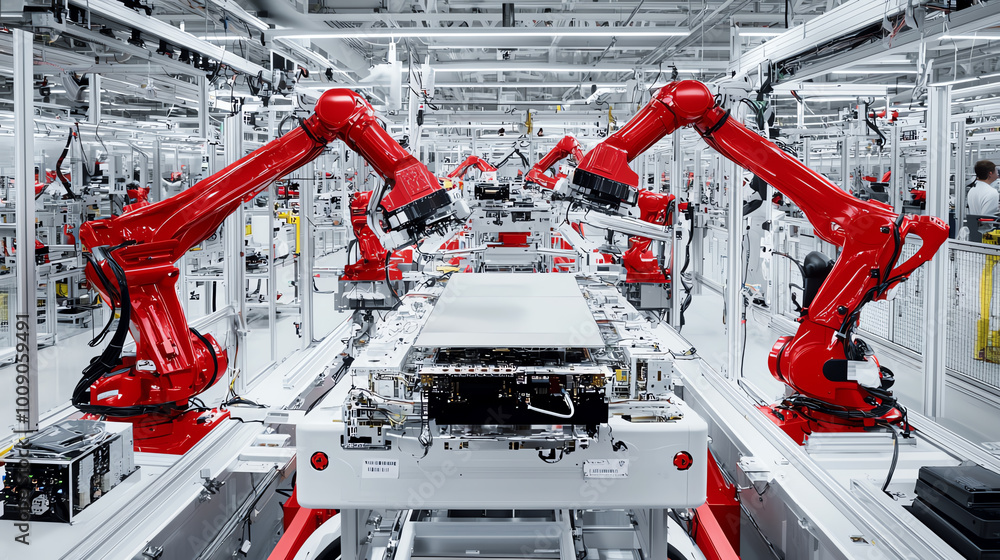 Poster robotic arms working on an assembly line in a modern factory environment.