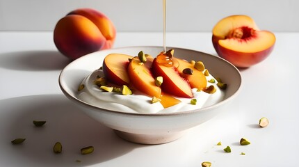 bowl with Greek yogurt with sliced peaches and  pistachios