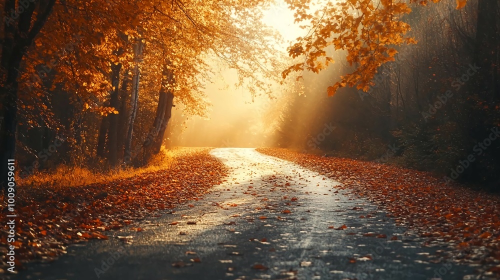 Poster a winding road through a forest with golden leaves on the ground and a hazy sun shining through the 