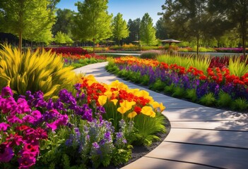 Obraz premium stunning modern park design featuring lush green colorful floral artistic landscaping elements community enjoyment, vibrant, foliage, trees, flowers, shrubs