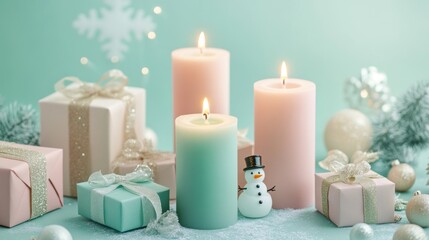 Colorful candles surrounded by wrapped gift boxes and small snowman figurine. Relaxing stylish winter theme on a pastel mint green background.