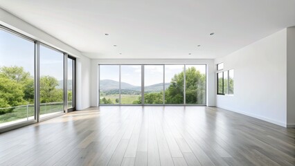 Fototapeta premium Spacious modern living area with large glass windows.