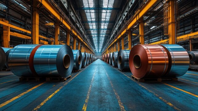 Rows of large metal spools inside a large warehouse.
