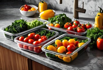 colorful vibrant meal prep containers showcasing fresh ingredients organization neatly arranged kitchen countertop, airtight, food, storage, meals, culinary