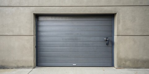 Closed gray metal garage door with a minimal design.