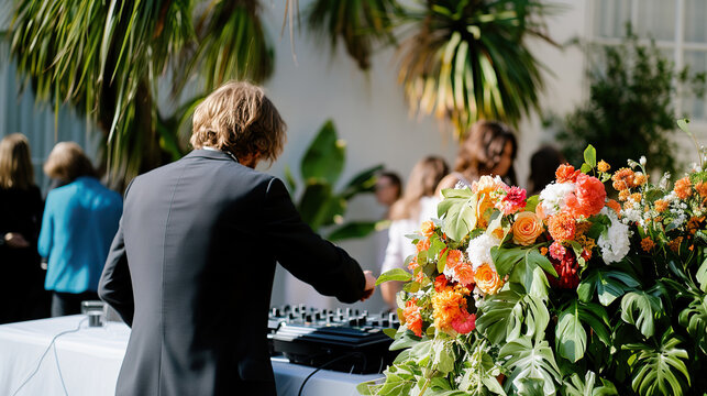 DJ playing music at a vibrant wedding party with flowers