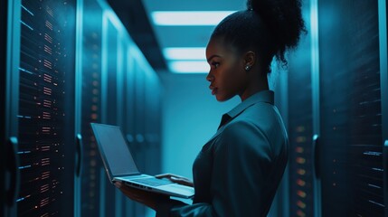 Black Female IT Worker in Uniform with Laptop in Modern Data Center Environment