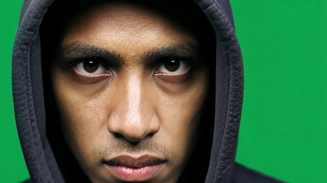 Young adult male wearing a hooded sweatshirt displays a serious, intense expression against a green screen background. The frowning face conveys emotions of suspicion and danger