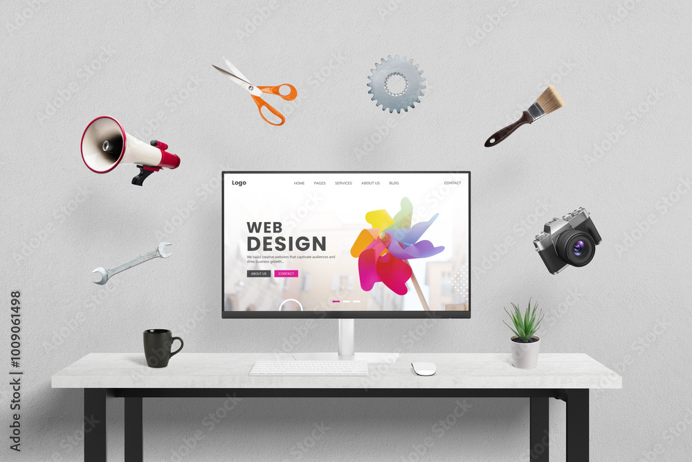 Poster Web design concept page displayed on computer in studio, surrounded by creative, marketing, and office tools flying around. Concept of the creative process in a modern design studio environment