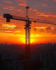 A tower crane silhouetted against the sunset on an urban construction site, floating on a soft pastel background,