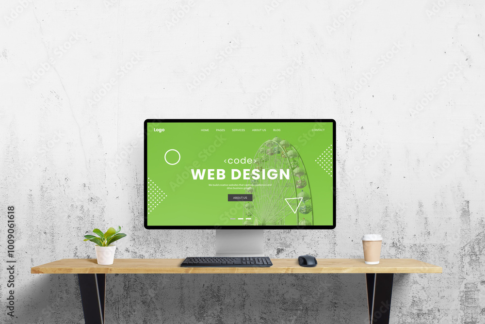 Aufkleber Green web design concept page displayed on computer screen at office desk with a clean wall background, perfect for text promotion. Eco-friendly design and minimalist workspace for marketing visuals
