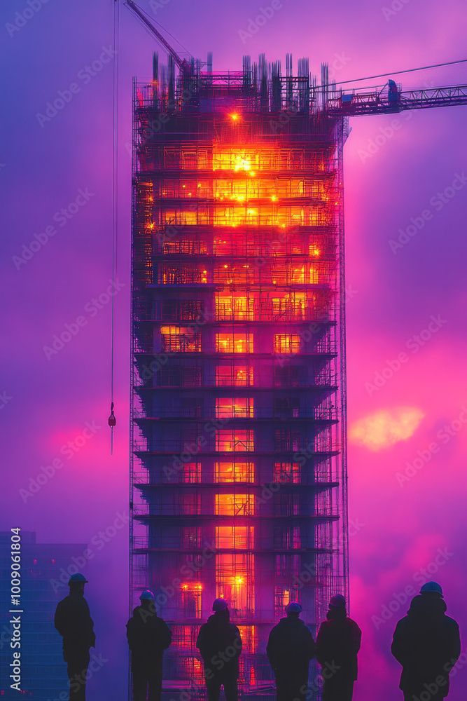 Poster a group of engineers inspecting the progress of a building under construction, floating on a vibrant