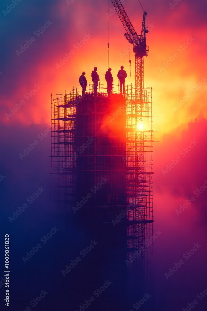 Poster a group of engineers inspecting the progress of a building under construction, floating on a vibrant