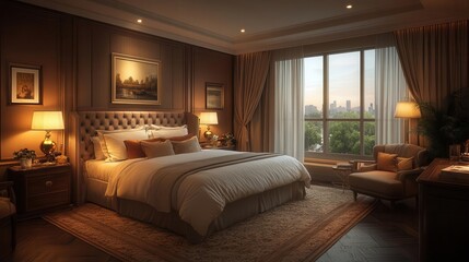 Luxurious Sanctuary of Repose: Where Opulent Comfort Meets Panoramic Urban Vistas in a Symphony of Warmth and Sophistication