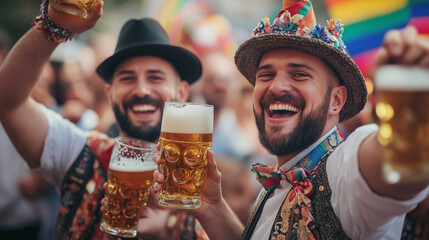 Celebrating Diversity at Oktoberfest With Joyful Spirits, Vibrant Attire, and Fresh Beer Amidst Colorful Flags and Good Company