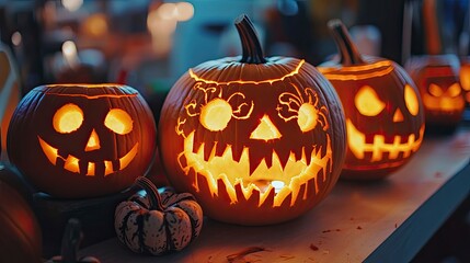 Pumpkin carving station with intricate spooky designs being created under warm orange lights.